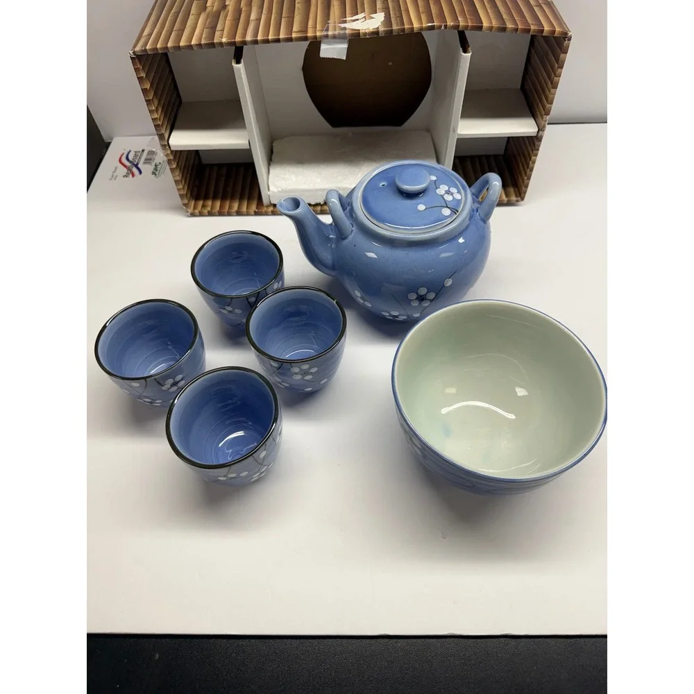WCL Blue Ceramic Tea Set Cherry Blossom Teapot 4 Cups Large Bowl & Infuser Box